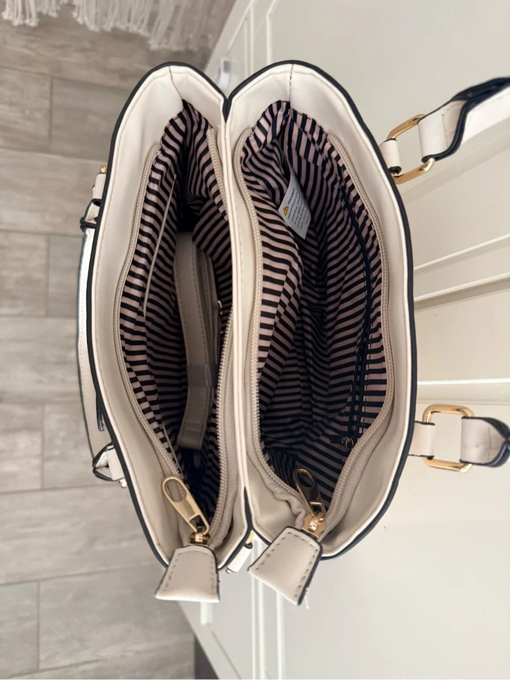 Structured Cream Satchel Handbag with Gold-Tone Accent